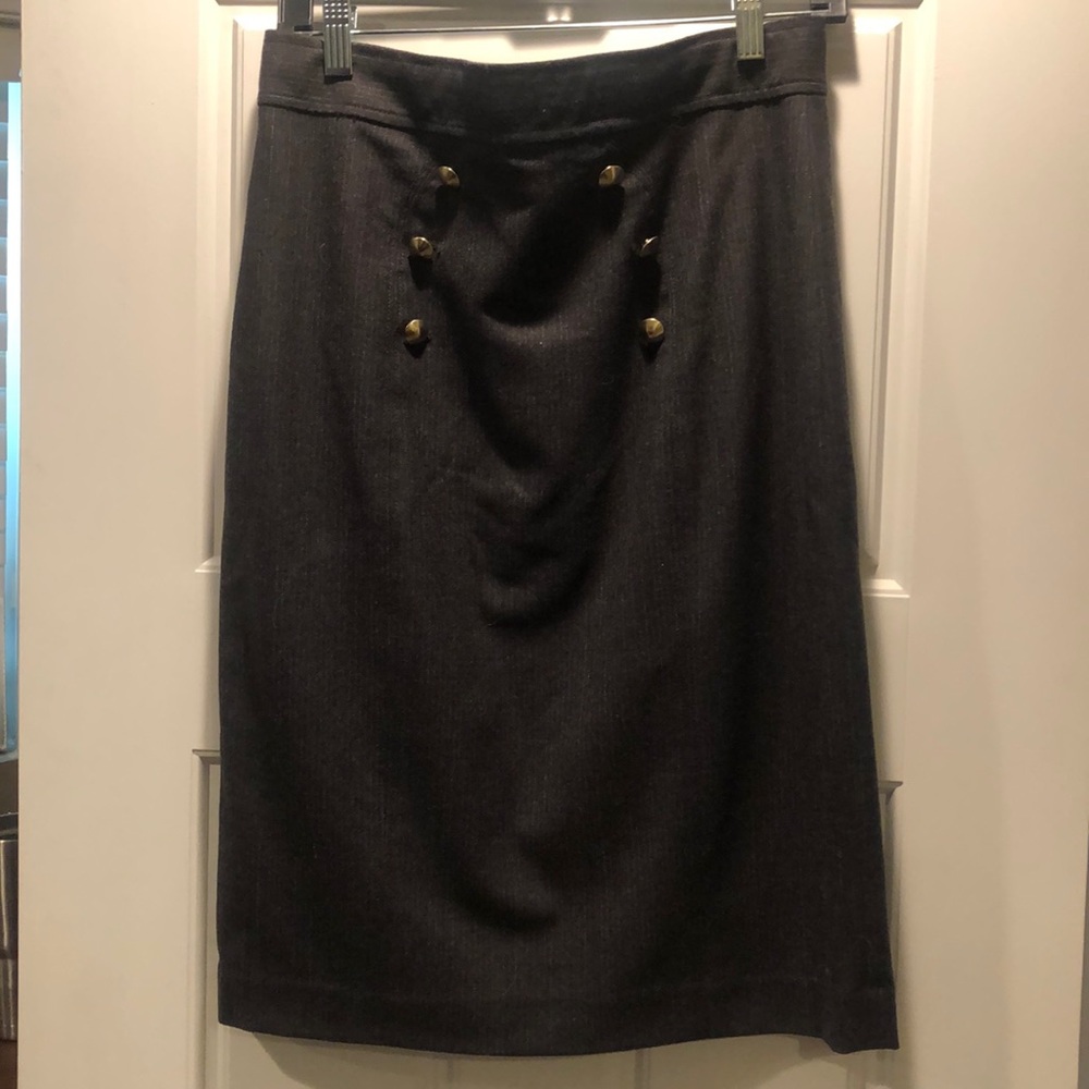 Tibi grey wool with small white pinstripes.